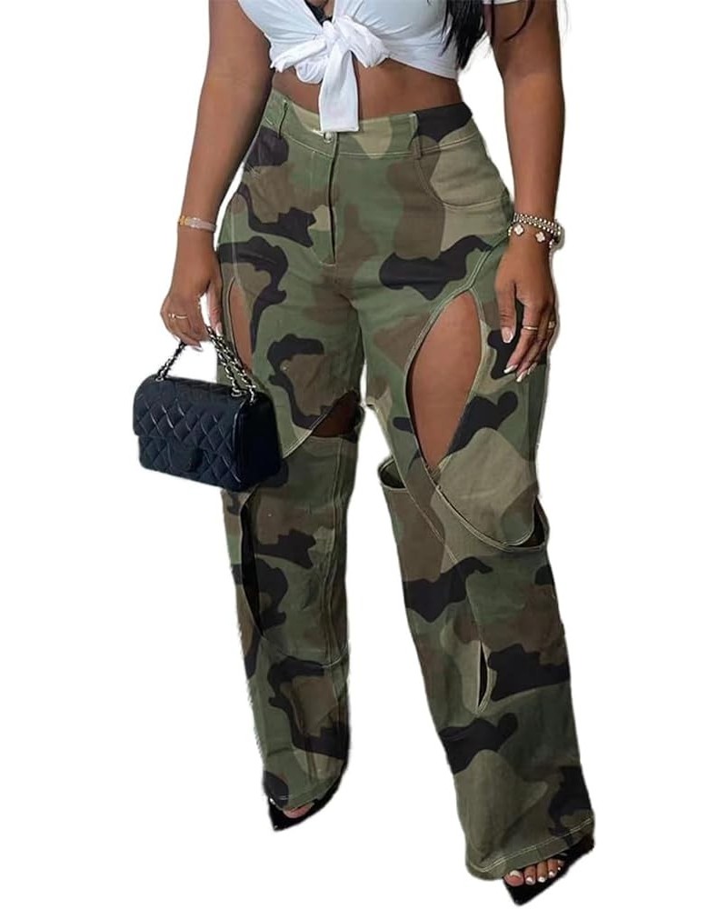 Women's Camo Cargo Pants High Waist Y2K Baggy Cut Out Straight Leg Casual Trousers Streetwear 0-camo Green $22.41 Pants