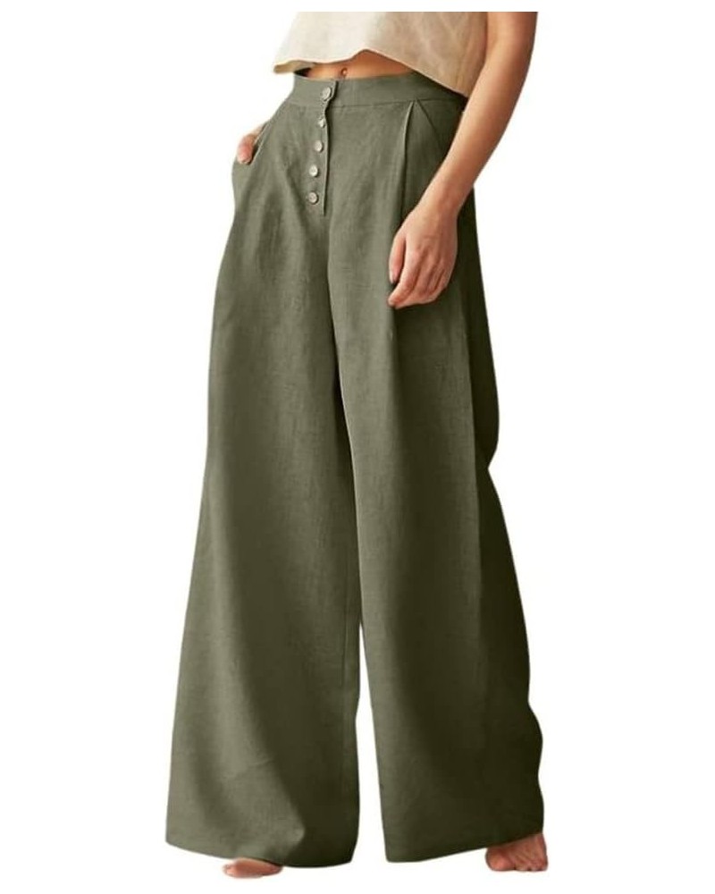 Women's Summer High Waisted Cotton Linen Palazzo Wide Leg Casual Pants with Pockets Green $12.60 Pants